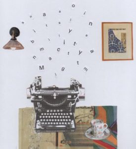 Collage image of a typewriter on a desk, with a lamp and an abstract piece of art in a frame against a white background. cut-out letters are 'coming out' of the typewriter, hovering in the space above it.